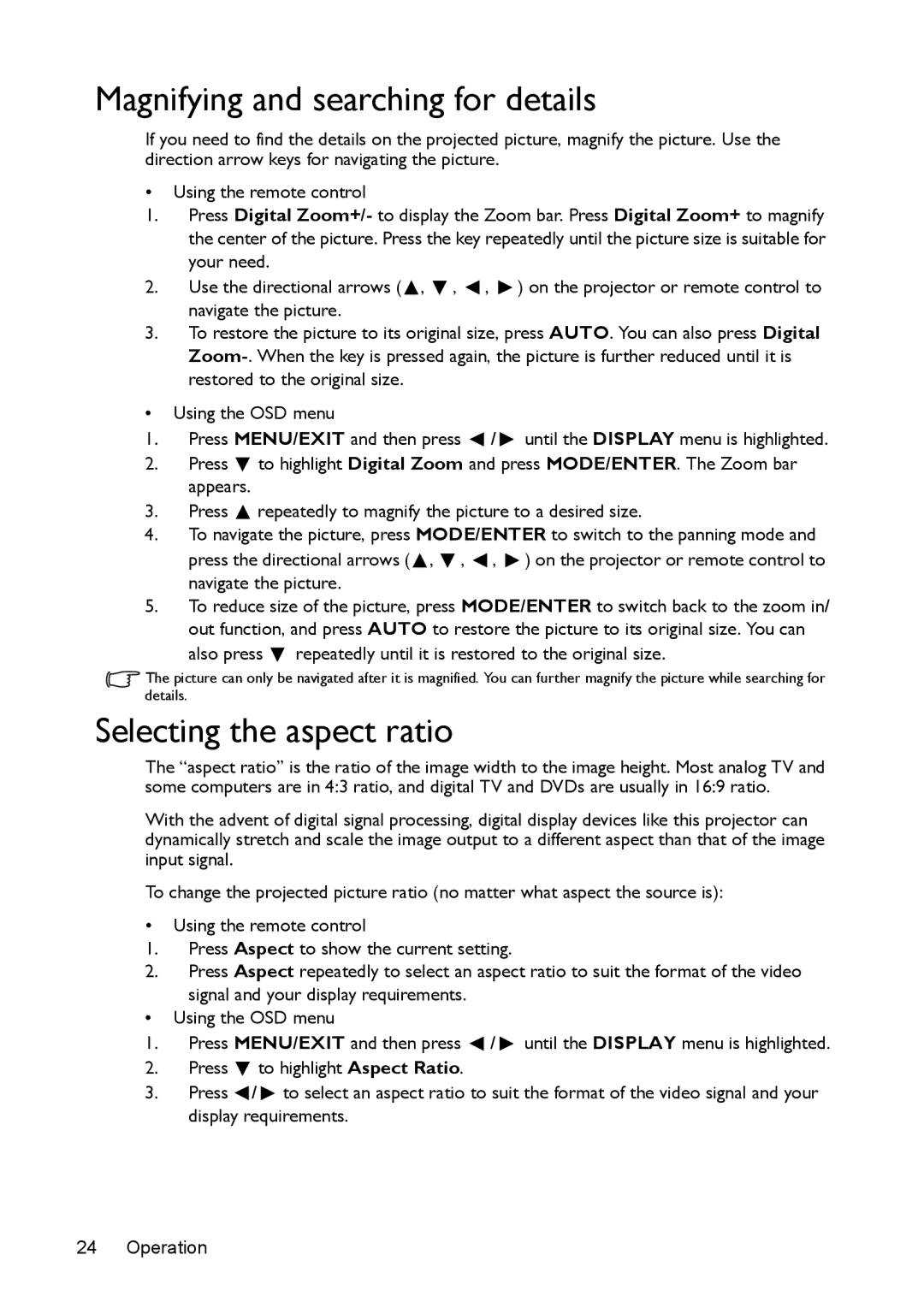 BenQ mx618st, ms616st user manual Magnifying and searching for details, Selecting the aspect ratio 