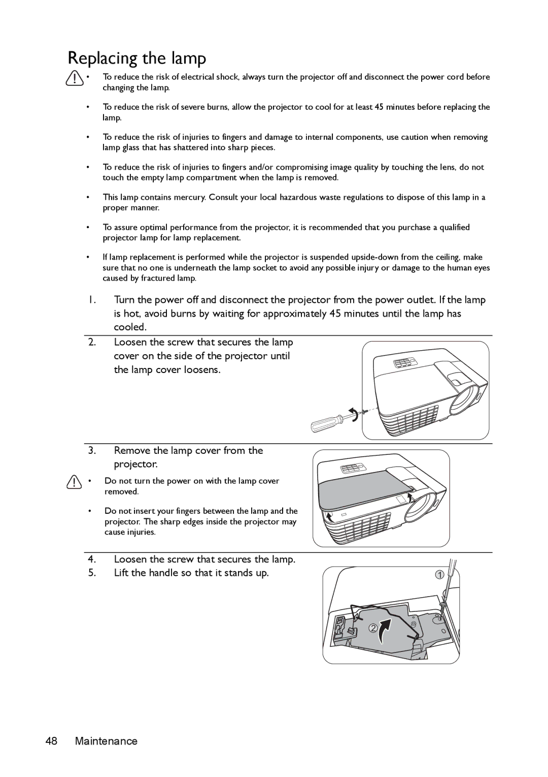 BenQ mx618st, ms616st user manual Replacing the lamp 