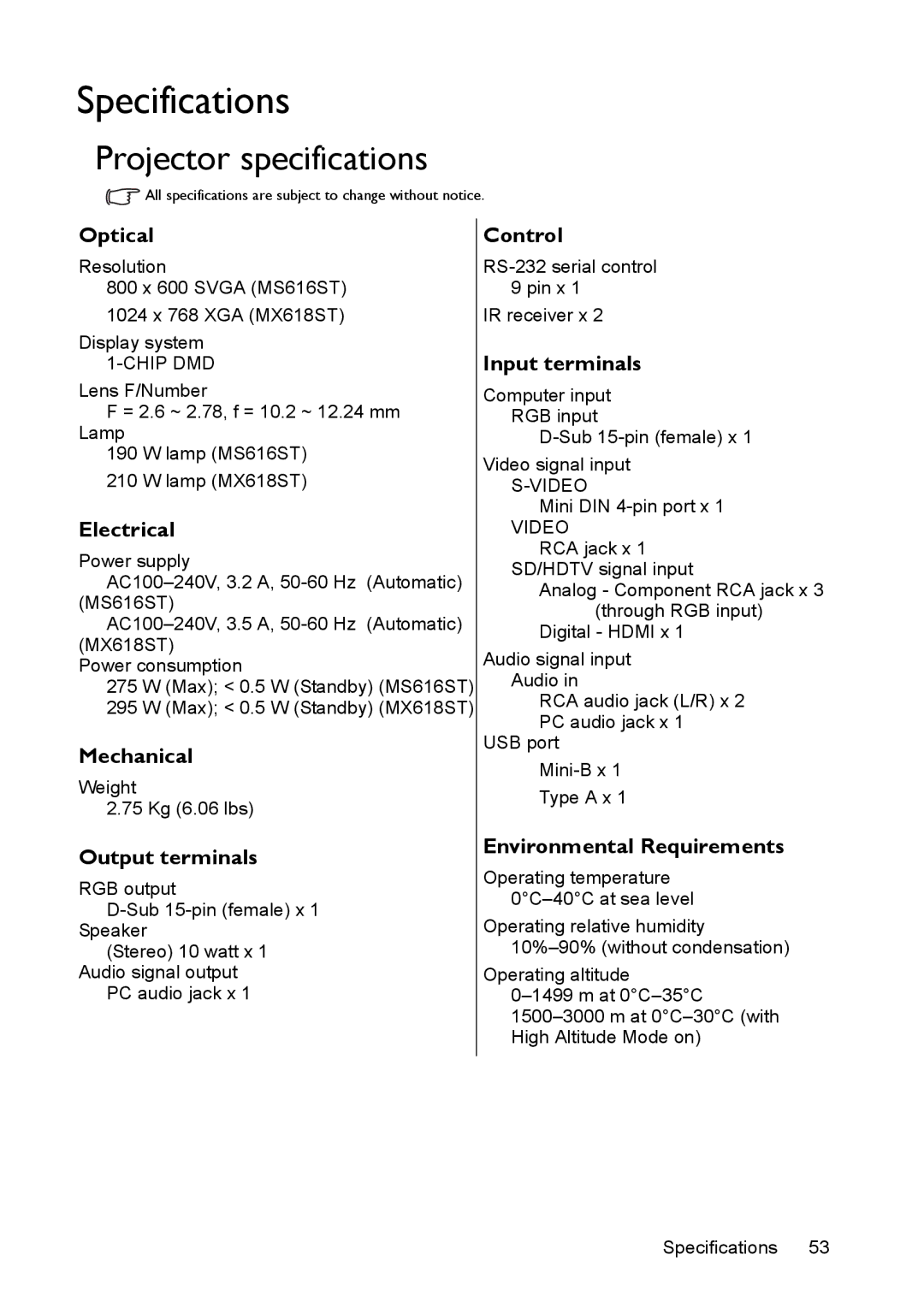 BenQ ms616st, mx618st user manual Specifications, Projector specifications 