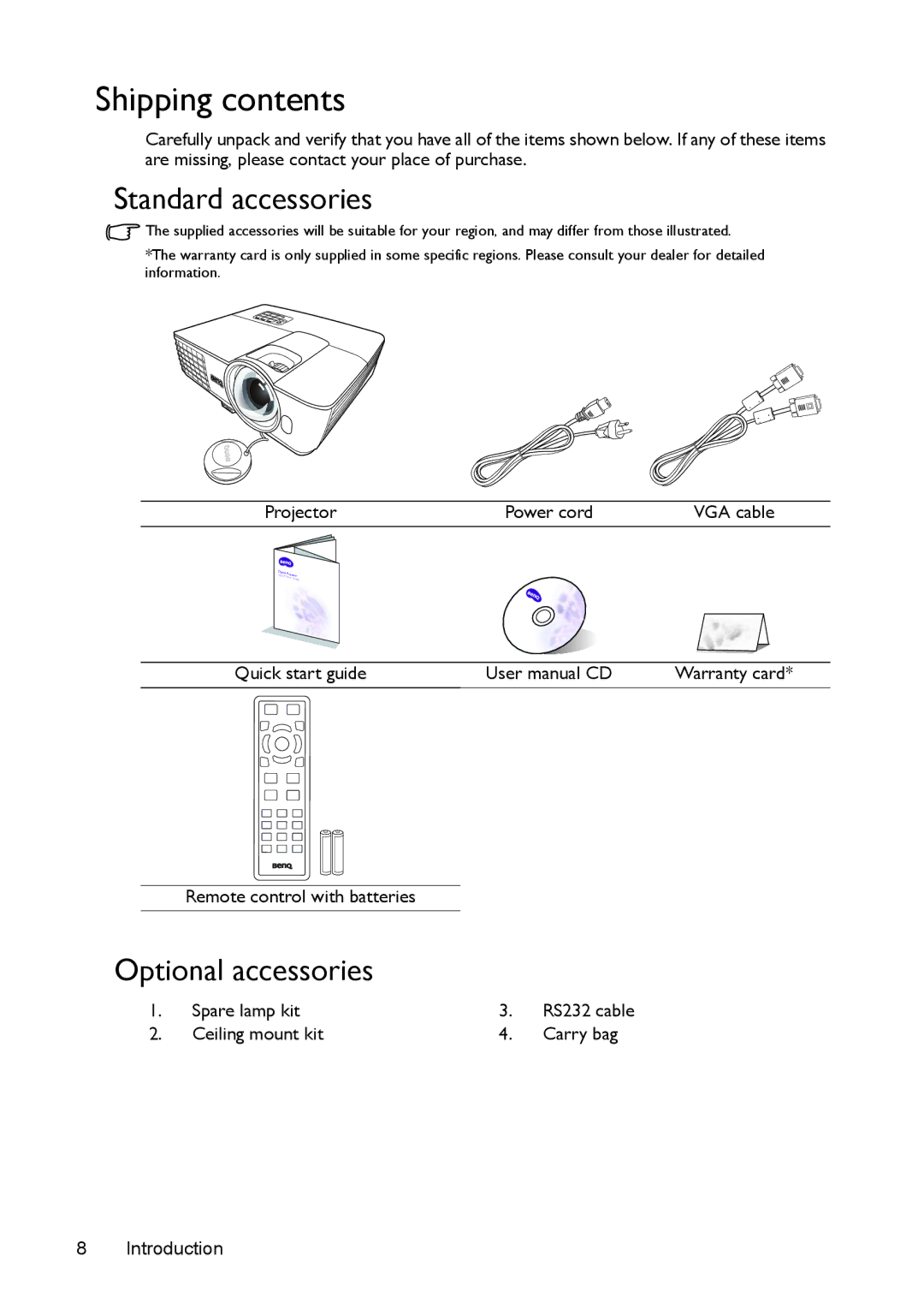 BenQ mx618st, ms616st user manual Shipping contents 