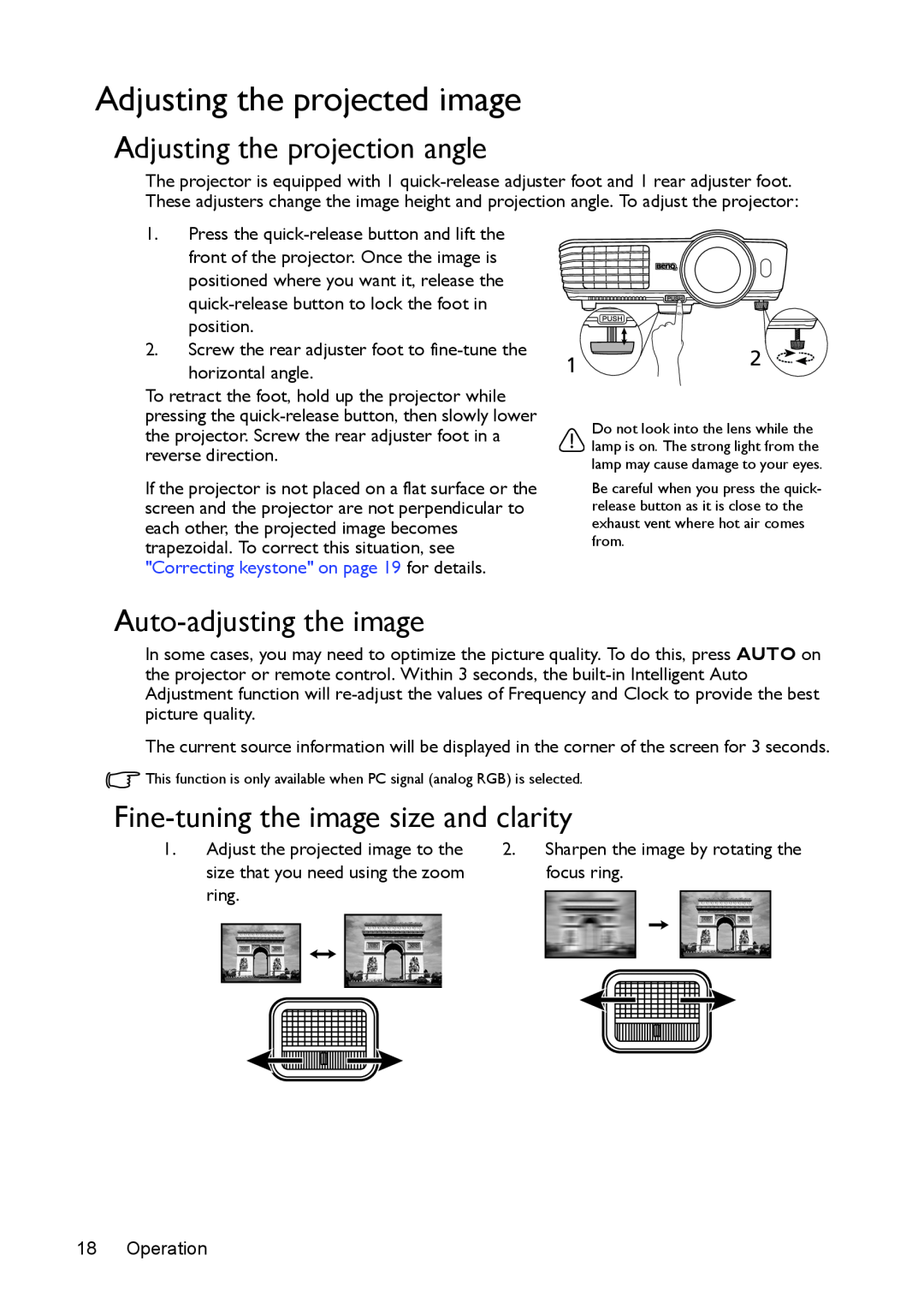 BenQ mx618st, ms616st user manual Adjusting the projected image, Adjusting the projection angle, Auto-adjusting the image 