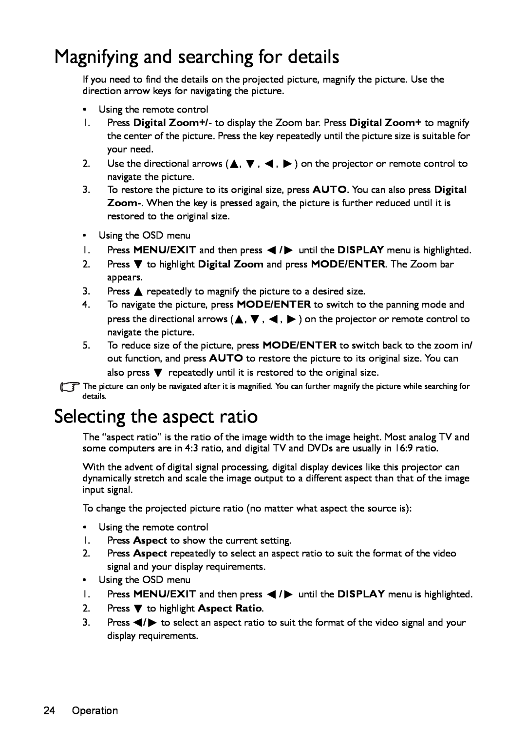 BenQ mx618st, ms616st user manual Magnifying and searching for details, Selecting the aspect ratio 