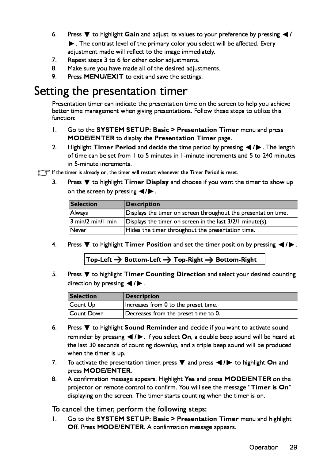 BenQ ms616st, mx618st user manual Setting the presentation timer, To cancel the timer, perform the following steps 