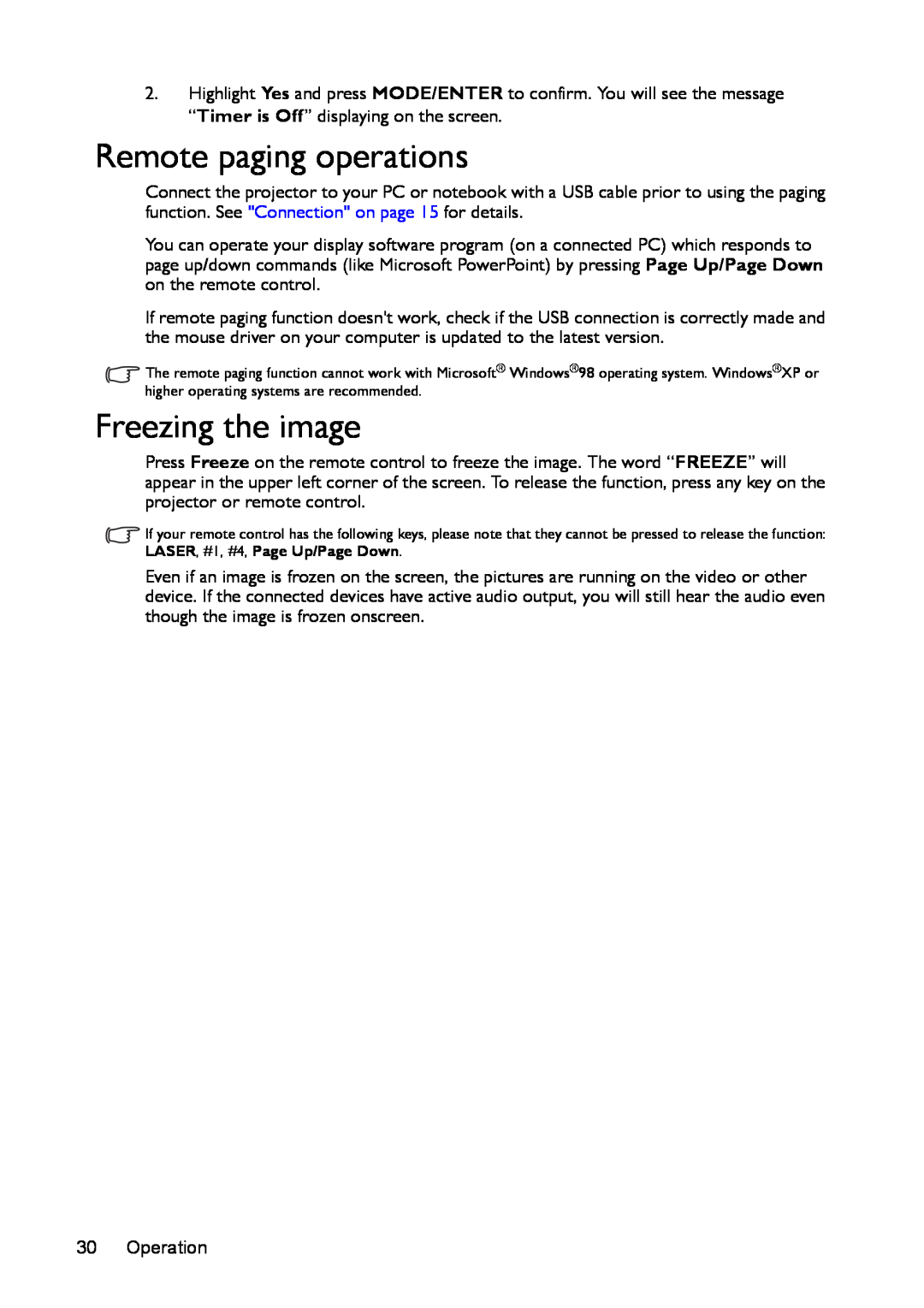 BenQ mx618st, ms616st user manual Remote paging operations, Freezing the image 