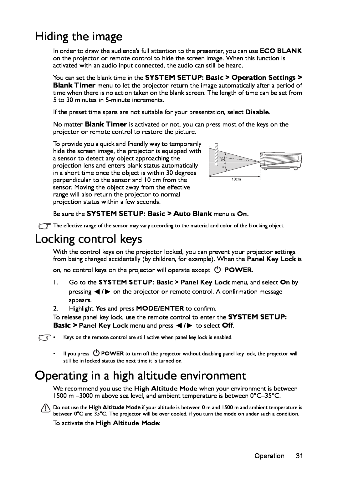 BenQ ms616st, mx618st user manual Hiding the image, Locking control keys, Operating in a high altitude environment 