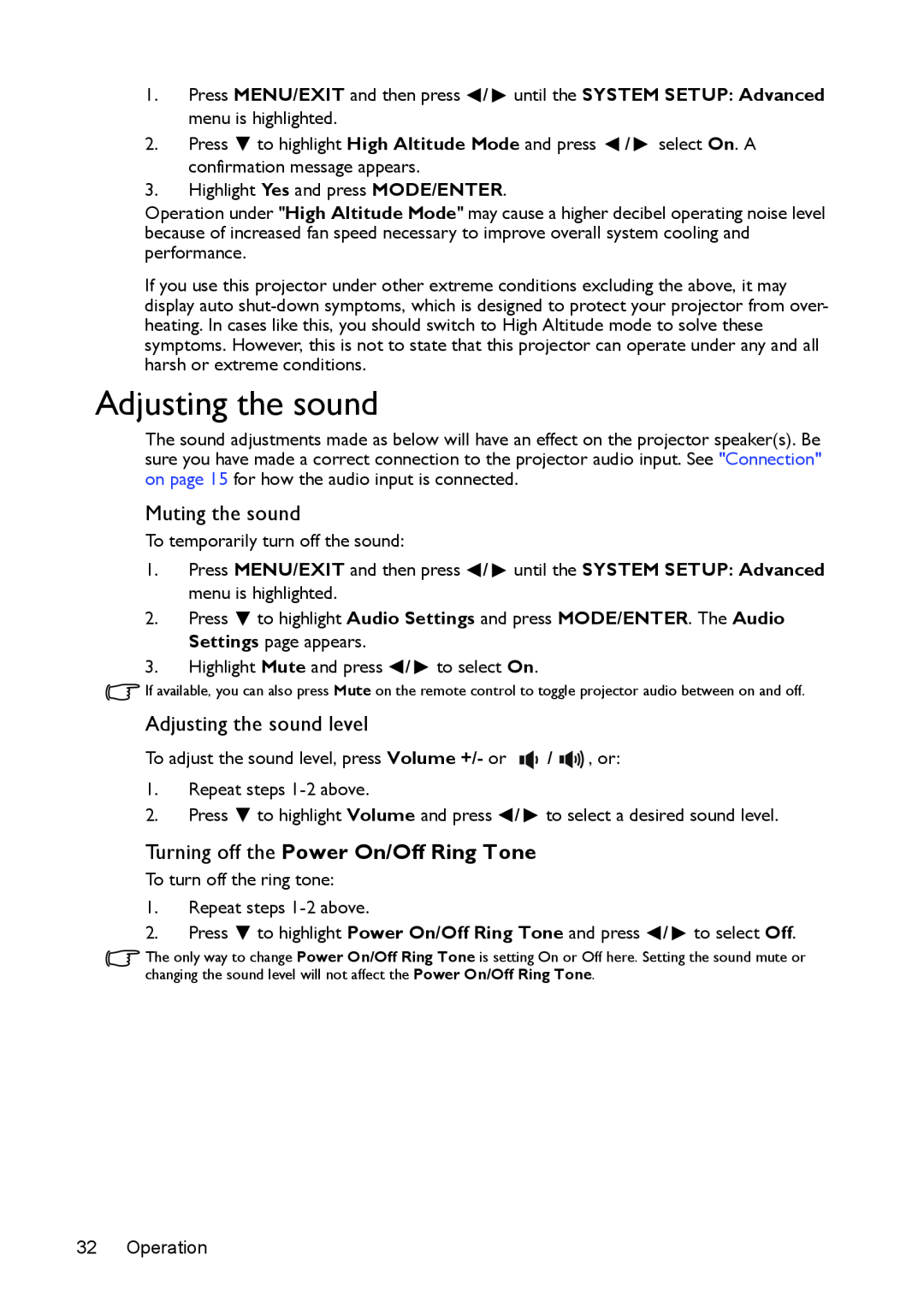 BenQ mx618st, ms616st user manual Muting the sound, Adjusting the sound level, Turning off the Power On/Off Ring Tone 