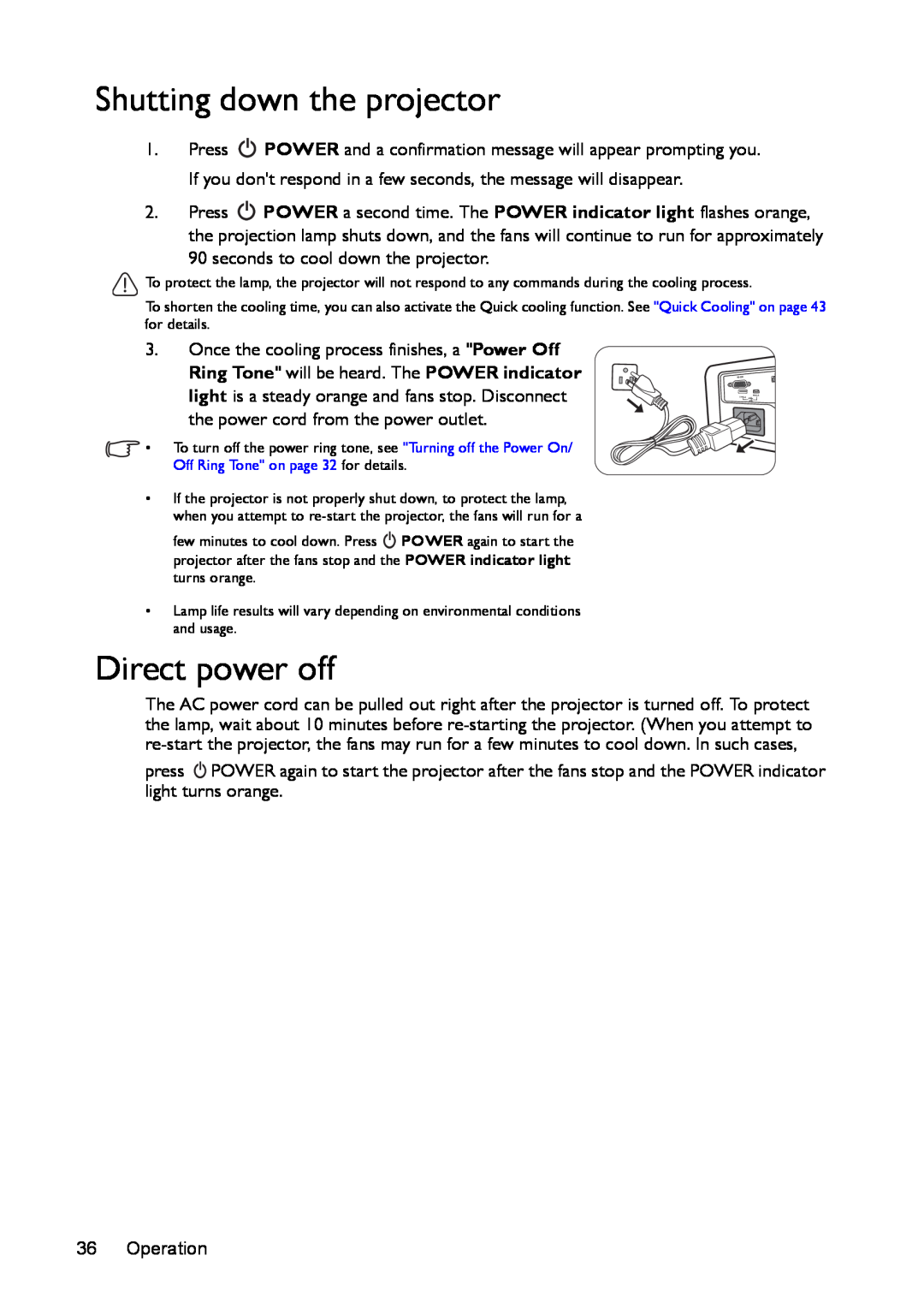 BenQ mx618st, ms616st user manual Shutting down the projector, Direct power off 