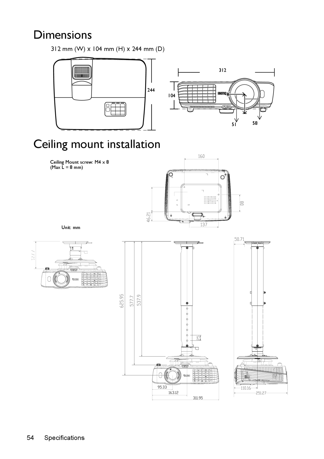 BenQ mx618st, ms616st user manual Dimensions, Ceiling mount installation, mm W x 104 mm H x 244 mm D, Specifications 