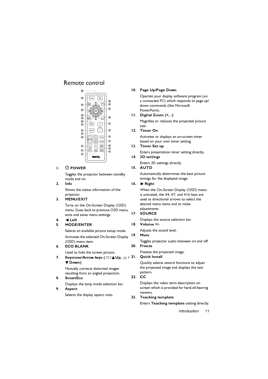 BenQ MX620ST user manual Remote control 