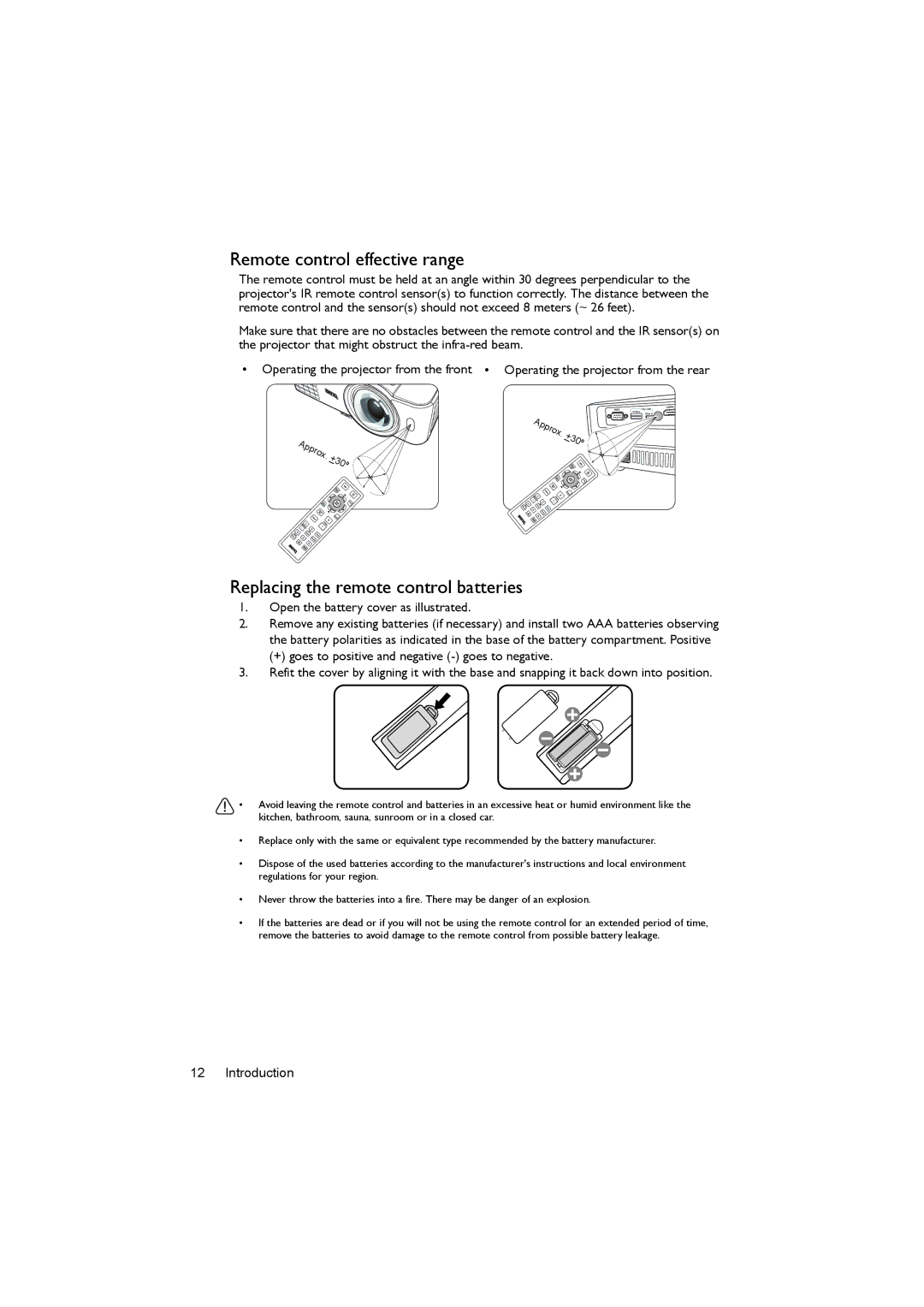 BenQ MX620ST user manual Remote control effective range, Replacing the remote control batteries 