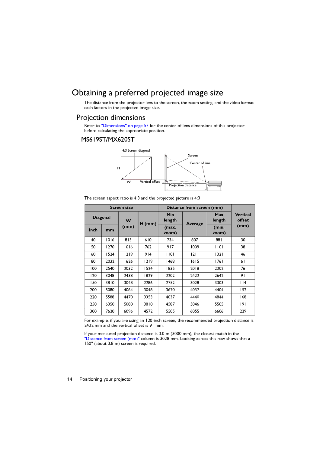 BenQ MX620ST user manual Obtaining a preferred projected image size, Projection dimensions, Length, Inch 