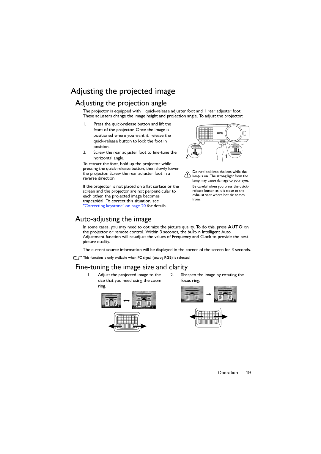 BenQ MX620ST user manual Adjusting the projected image, Adjusting the projection angle, Auto-adjusting the image 