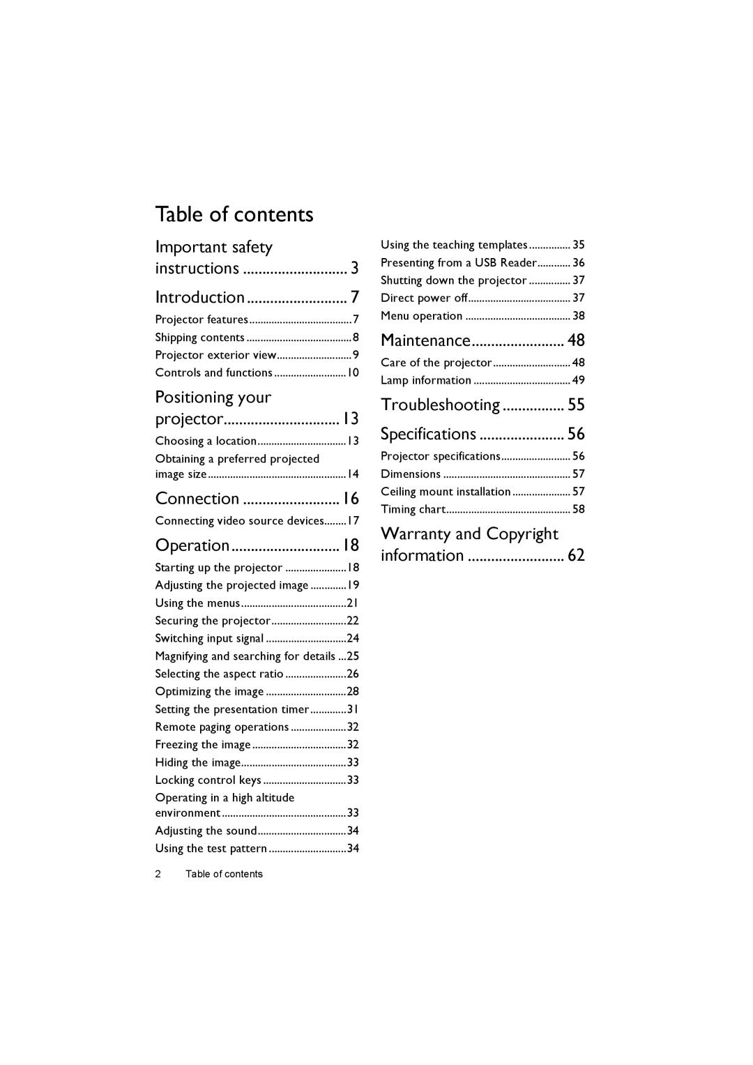 BenQ MX620ST user manual Table of contents 