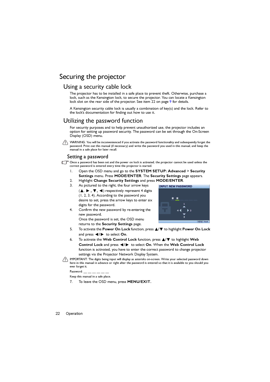 BenQ MX620ST Securing the projector, Using a security cable lock, Utilizing the password function, Setting a password 