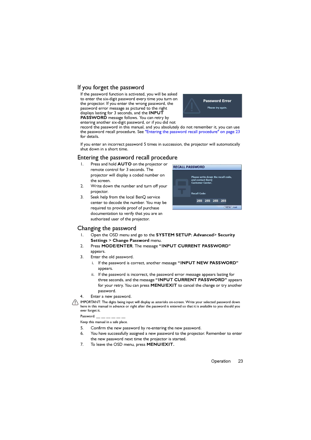BenQ MX620ST user manual If you forget the password, Entering the password recall procedure, Changing the password 