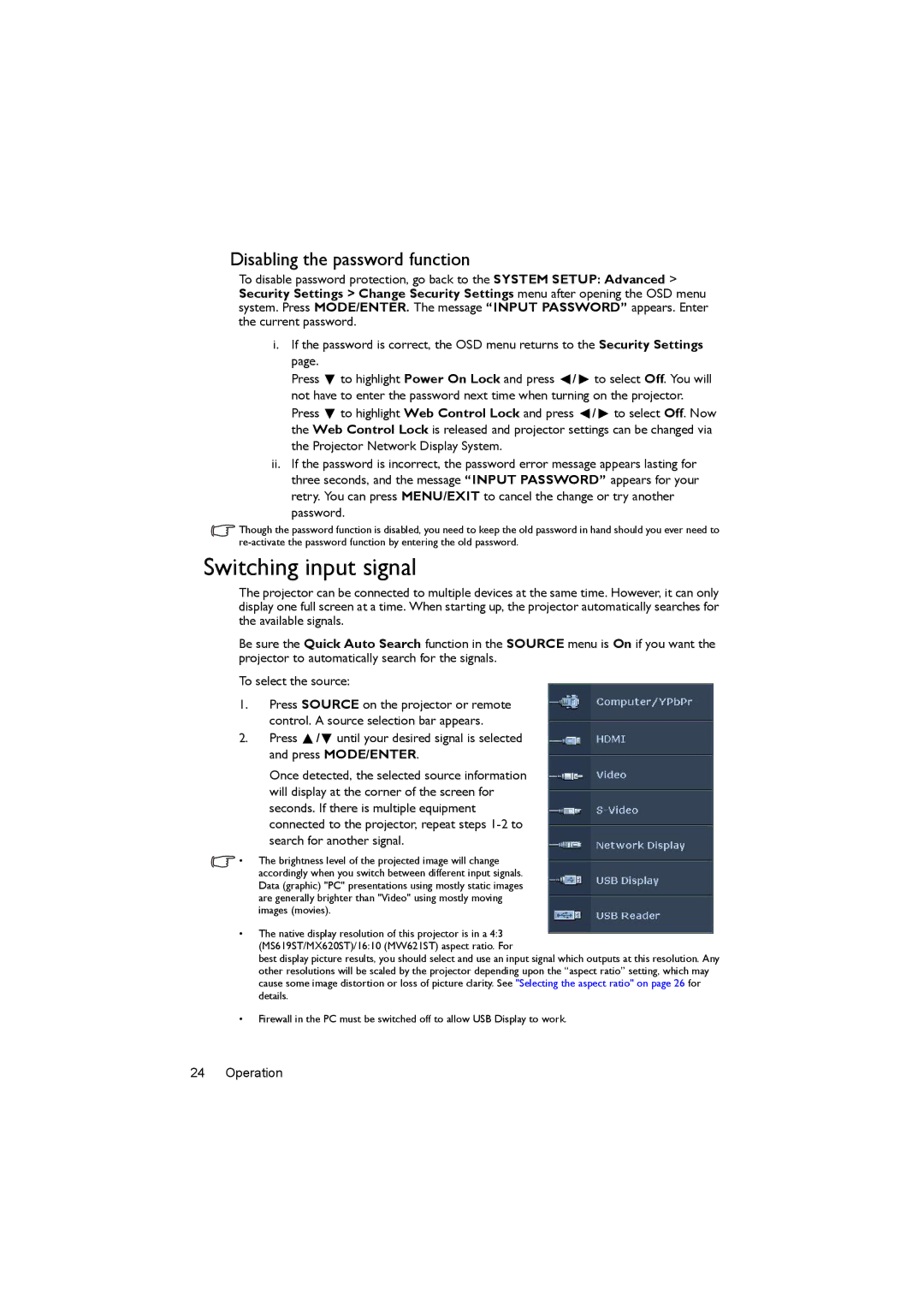 BenQ MX620ST user manual Switching input signal, Disabling the password function 