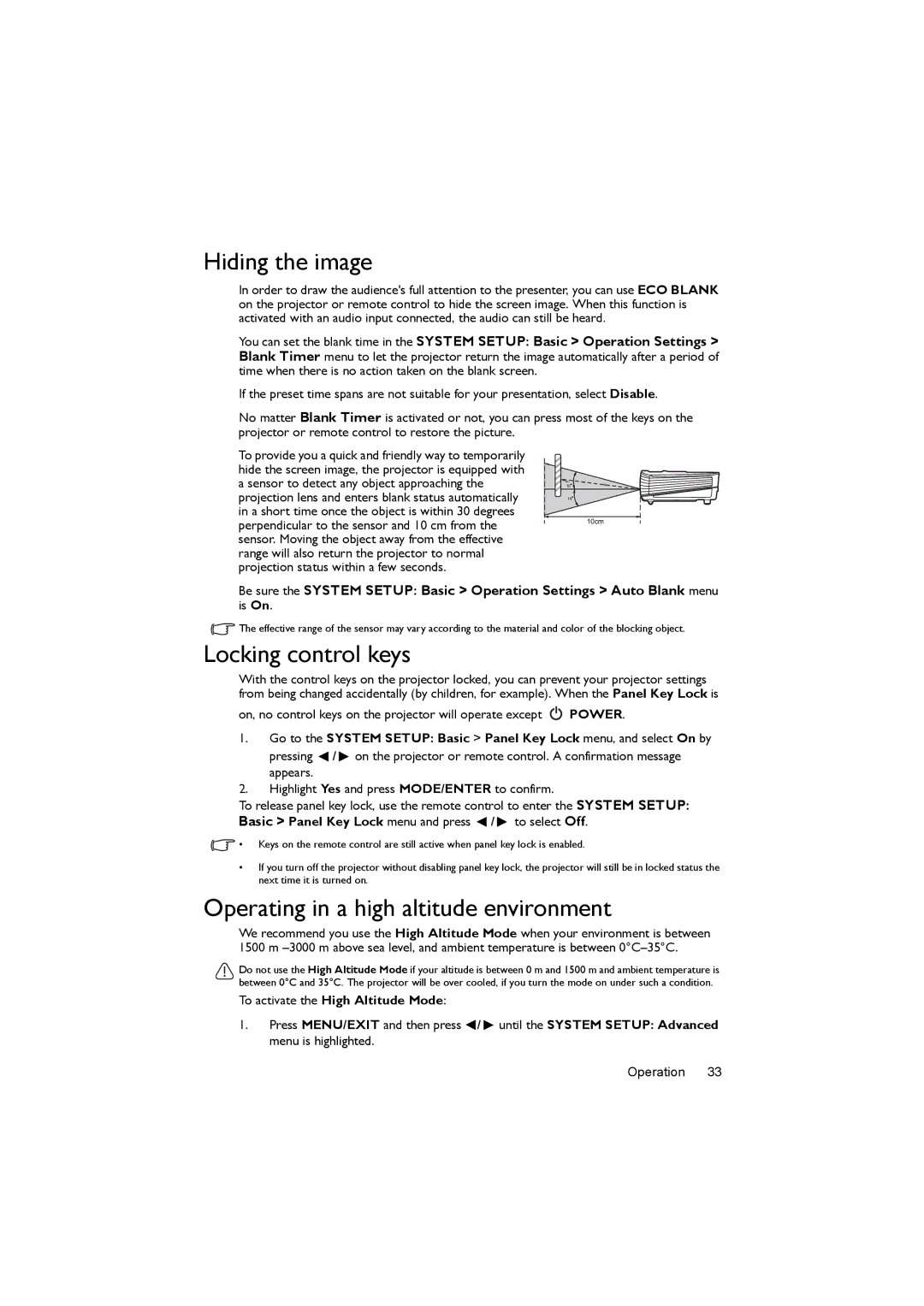 BenQ MX620ST user manual Hiding the image, Locking control keys, Operating in a high altitude environment 