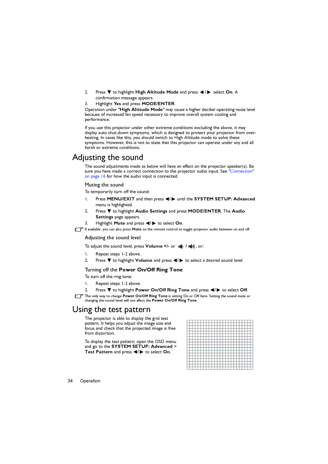 BenQ MX620ST user manual Using the test pattern, Muting the sound, Adjusting the sound level 