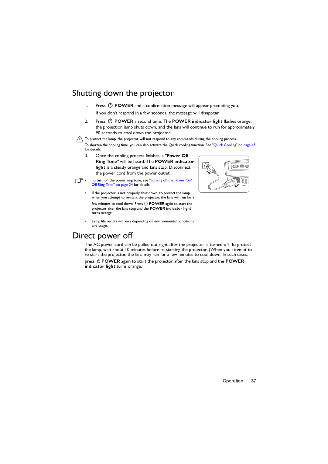 BenQ MX620ST user manual Shutting down the projector, Direct power off 