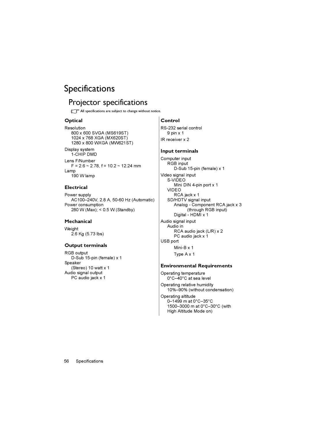 BenQ MX620ST user manual Specifications, Projector specifications 