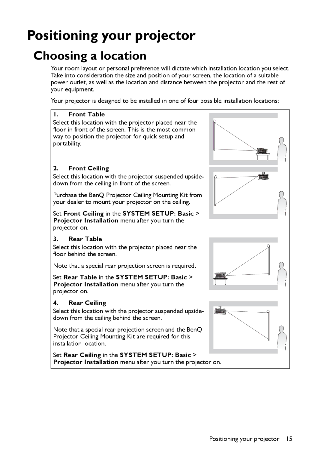 BenQ MX661 user manual Choosing a location, Front Table, Front Ceiling 