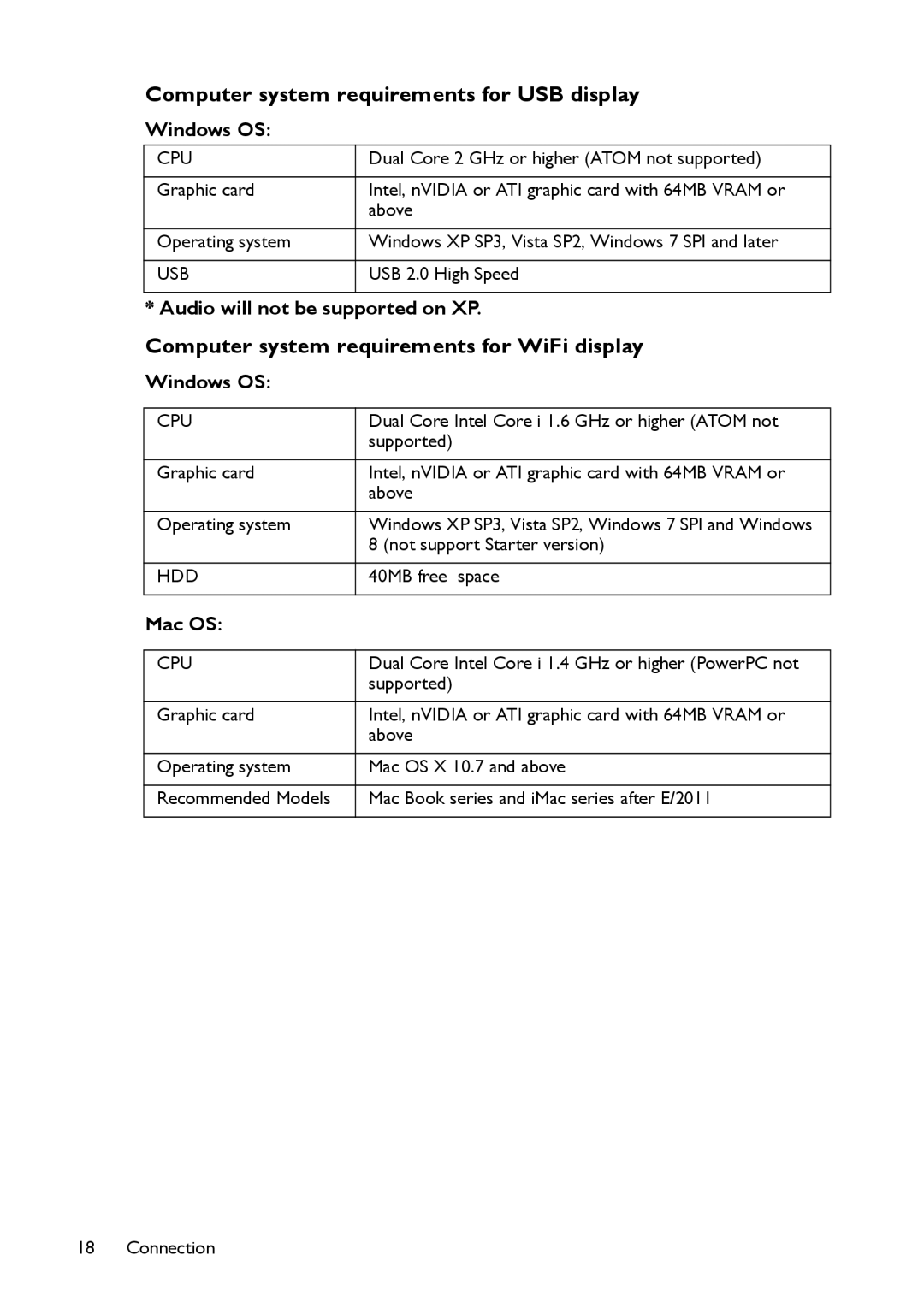 BenQ MX661 Computer system requirements for USB display, Computer system requirements for WiFi display, Windows OS, Mac OS 