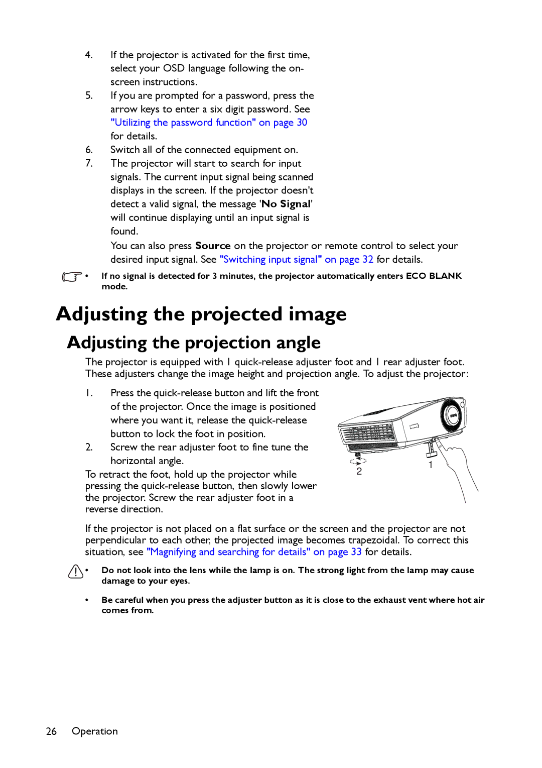 BenQ MX661 user manual Adjusting the projected image, Adjusting the projection angle 