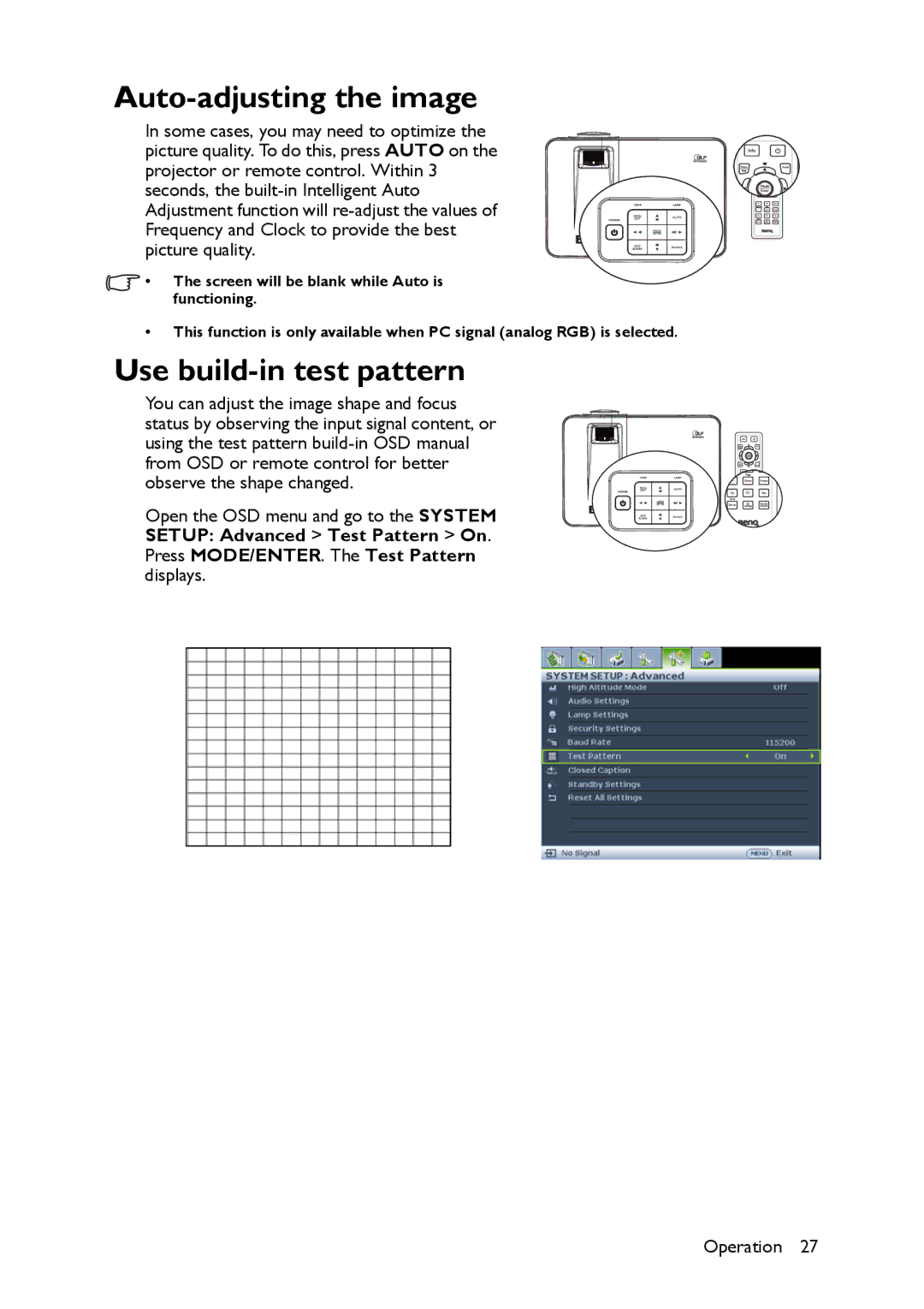 BenQ MX661 user manual Auto-adjusting the image, Use build-in test pattern 