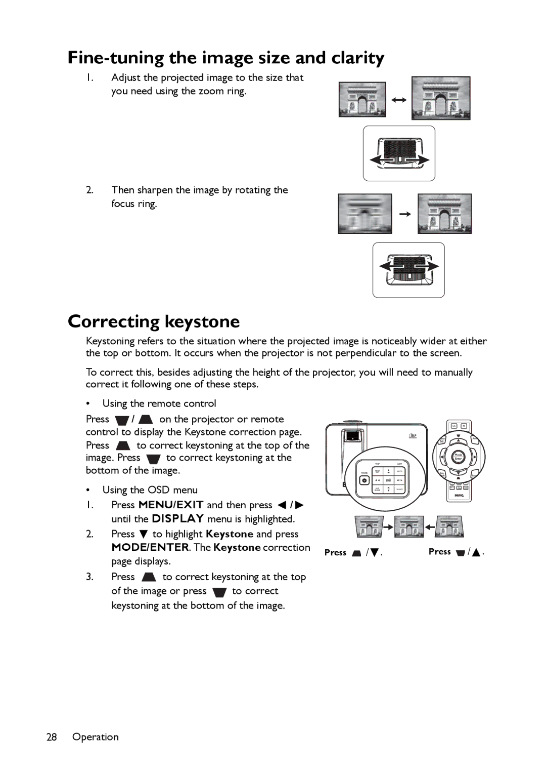 BenQ MX661 user manual Fine-tuning the image size and clarity, Correcting keystone, MODE/ENTER . The Keystone correction 