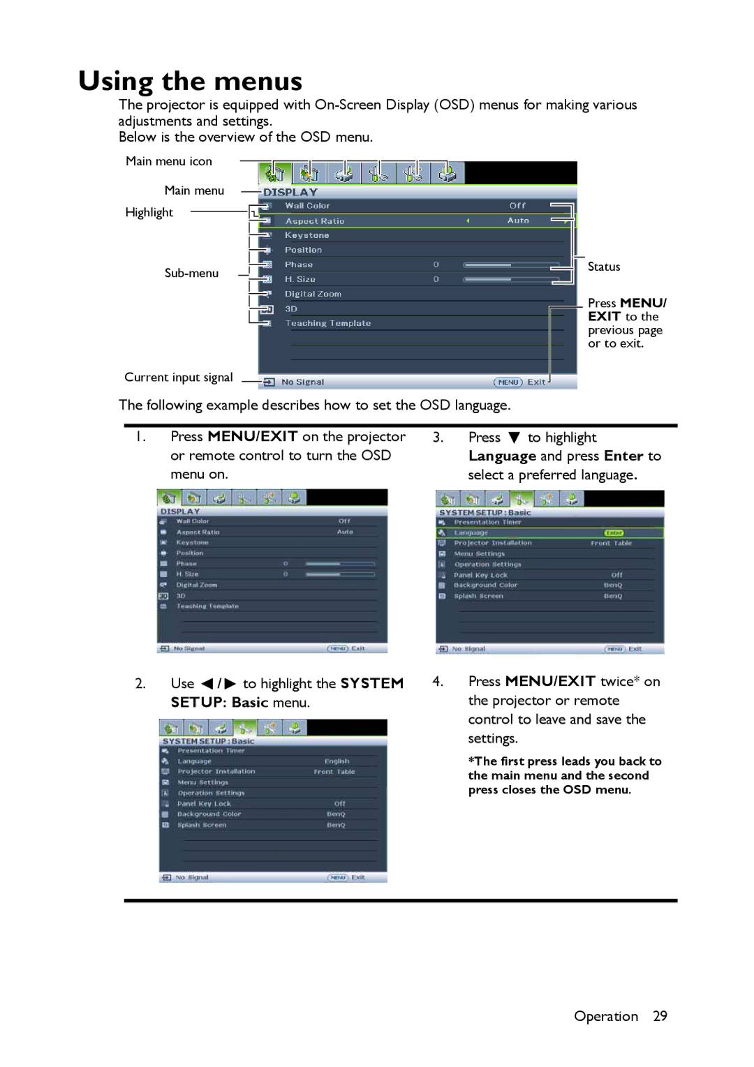 BenQ MX661 user manual Using the menus 