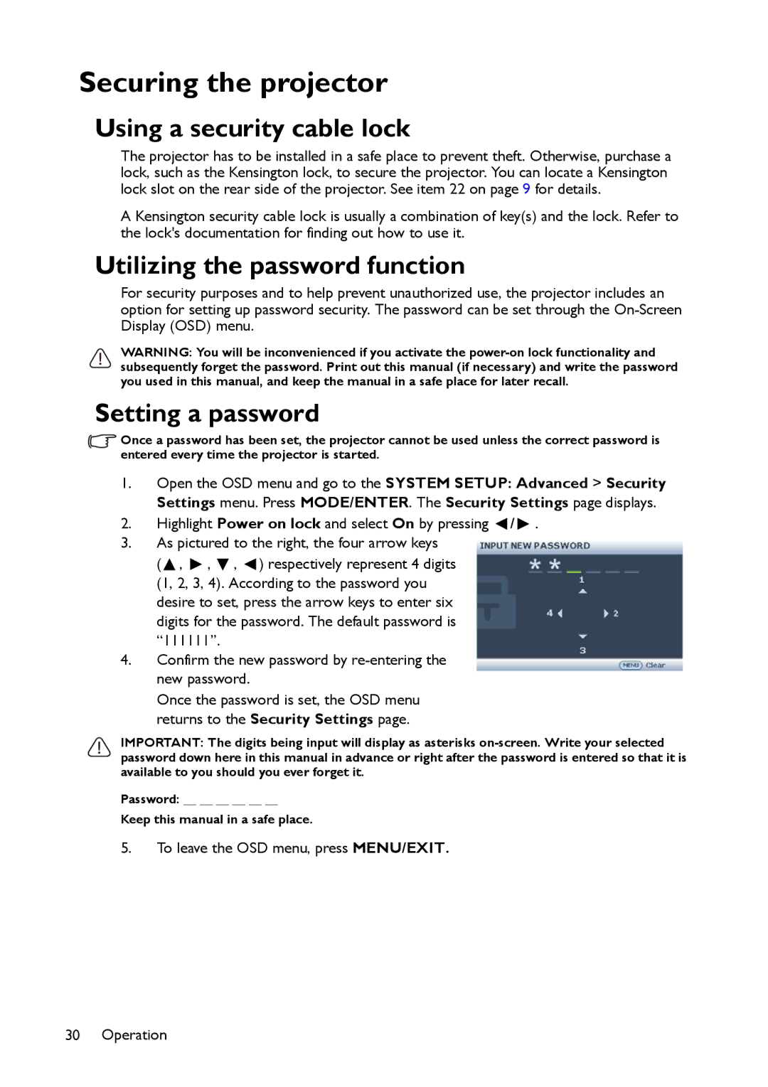 BenQ MX661 Securing the projector, Using a security cable lock, Utilizing the password function, Setting a password 