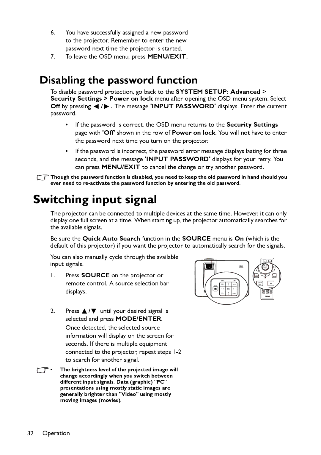 BenQ MX661 user manual Switching input signal, Disabling the password function 