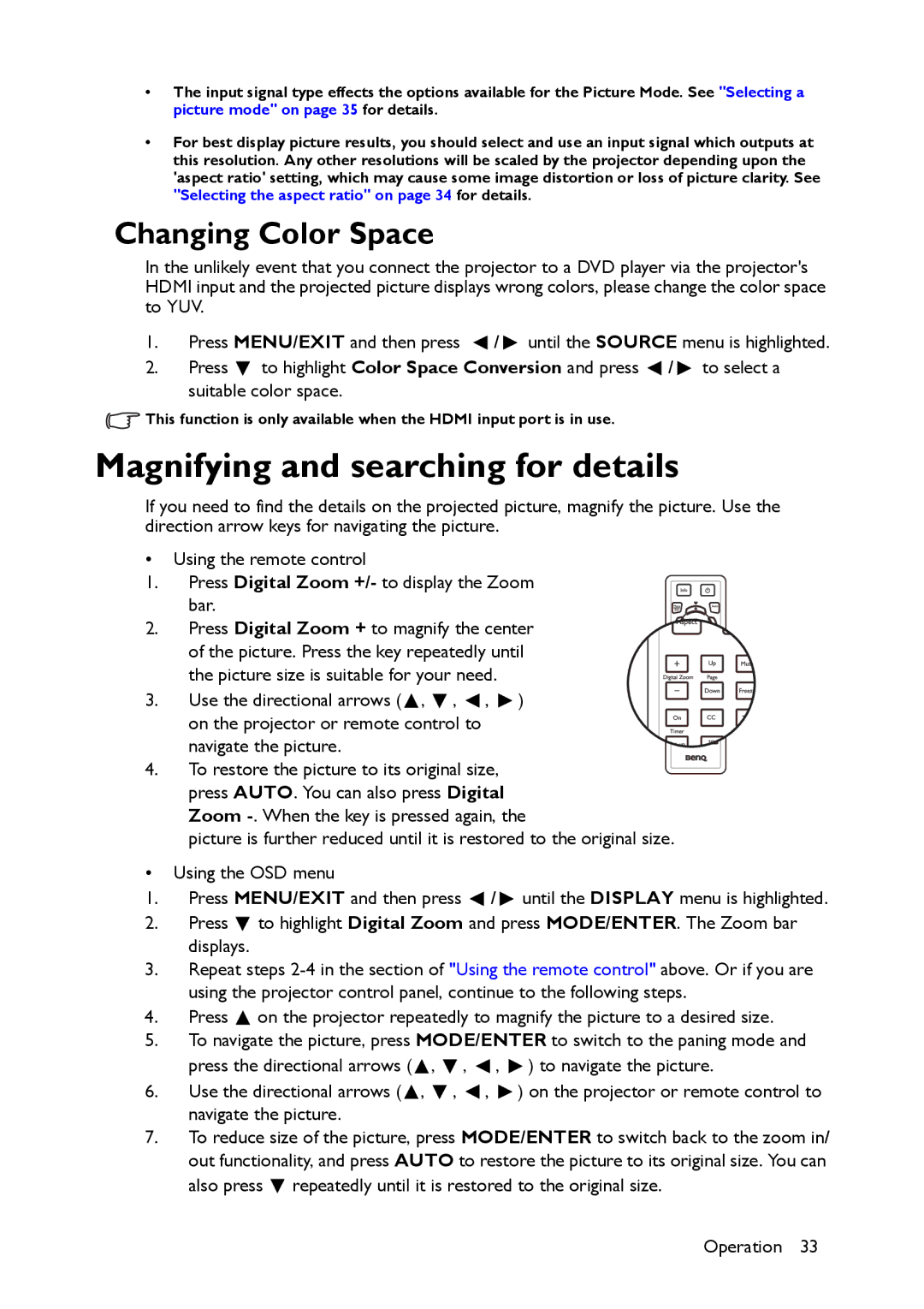 BenQ MX661 user manual Magnifying and searching for details, Changing Color Space 