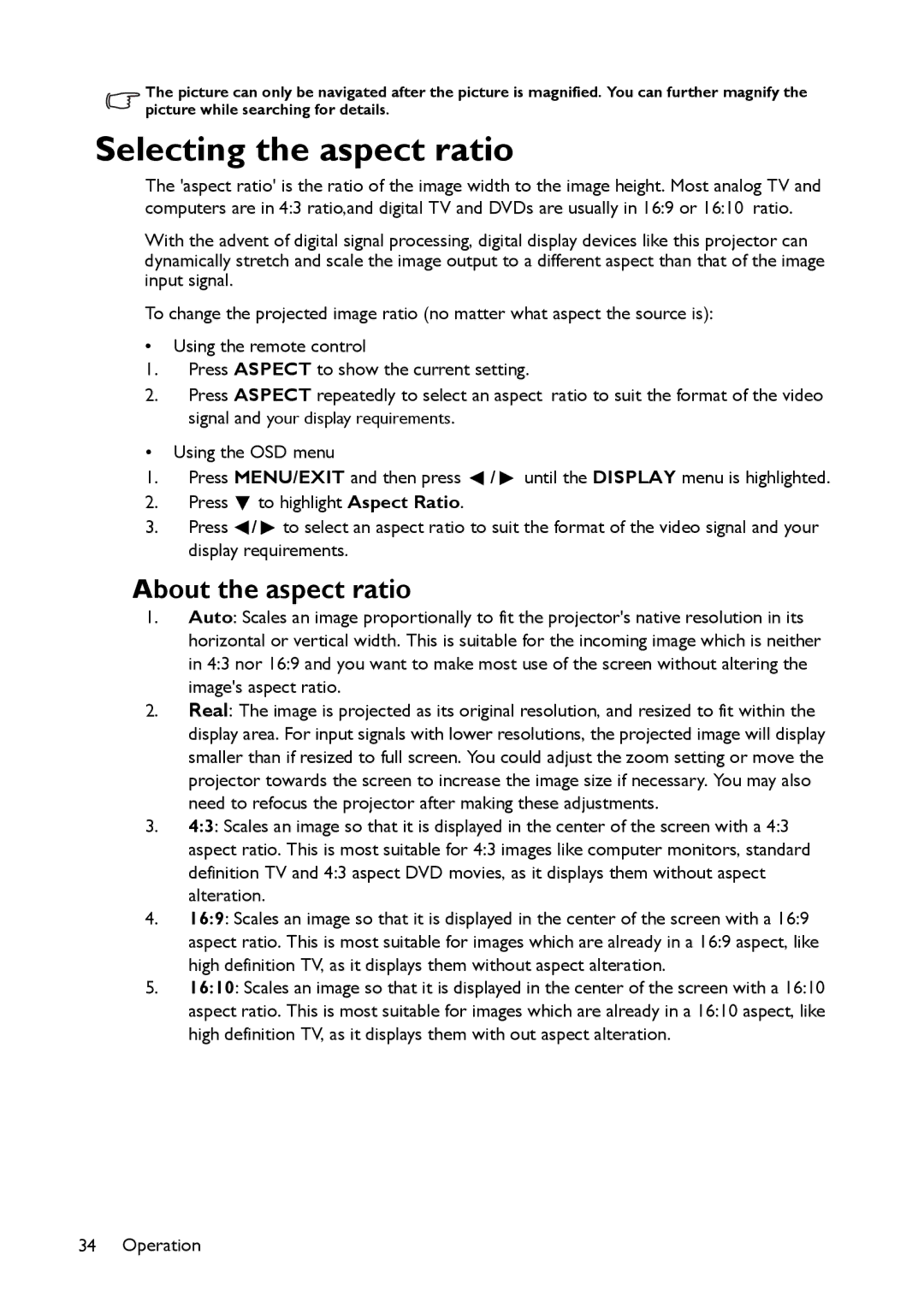 BenQ MX661 user manual Selecting the aspect ratio, About the aspect ratio 