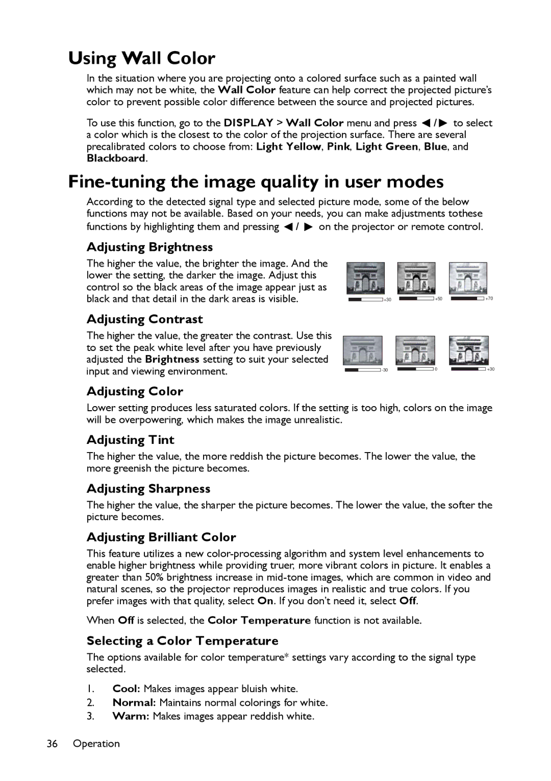 BenQ MX661 user manual Using Wall Color, Fine-tuning the image quality in user modes 