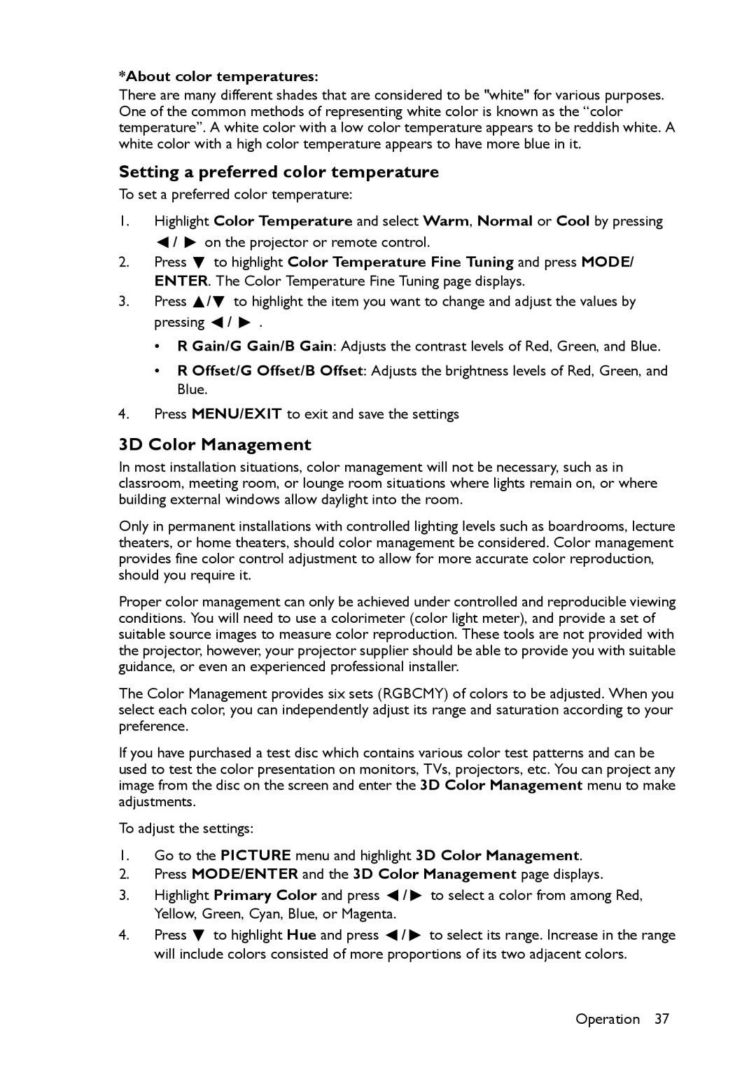 BenQ MX661 user manual Setting a preferred color temperature, 3D Color Management, About color temperatures 