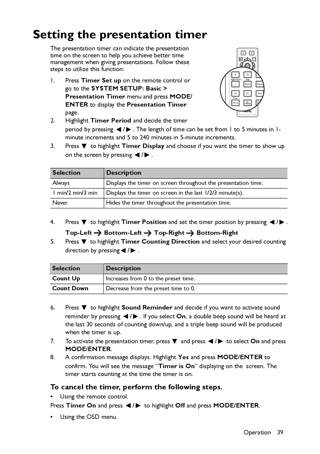 BenQ MX661 Setting the presentation timer, To cancel the timer, perform the following steps, Selection Description 