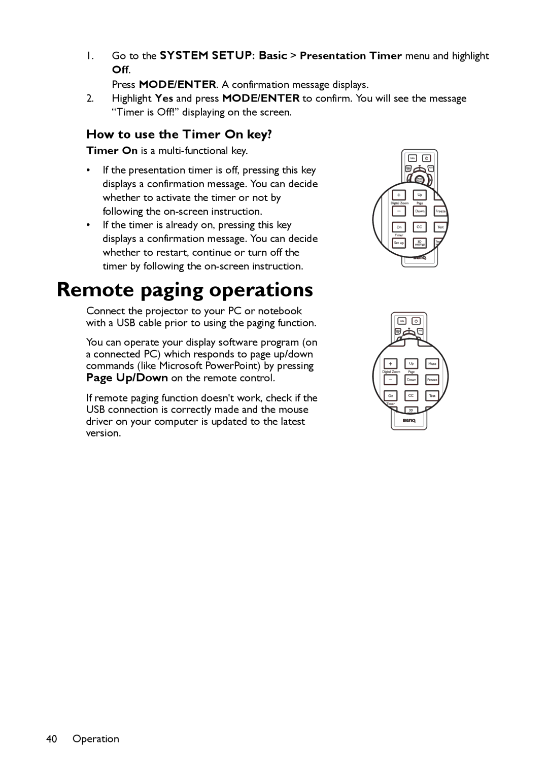 BenQ MX661 user manual Remote paging operations, How to use the Timer On key? 