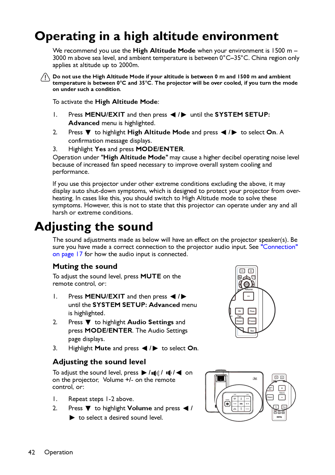 BenQ MX661 user manual Operating in a high altitude environment, Muting the sound, Adjusting the sound level 