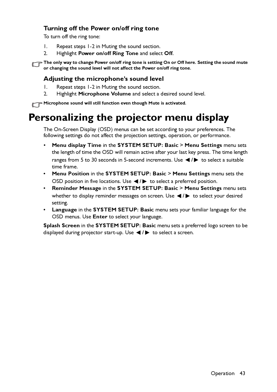 BenQ MX661 user manual Personalizing the projector menu display, Turning off the Power on/off ring tone 