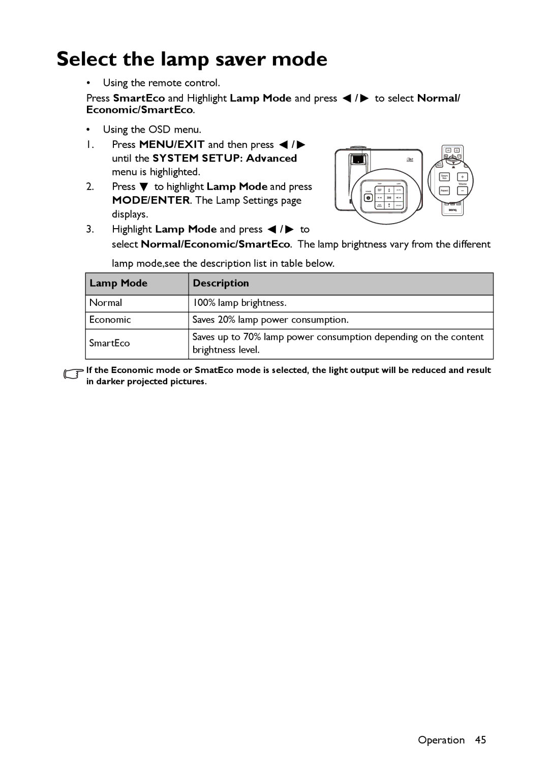 BenQ MX661 Select the lamp saver mode, Until the System Setup Advanced menu is highlighted, Lamp Mode Description 