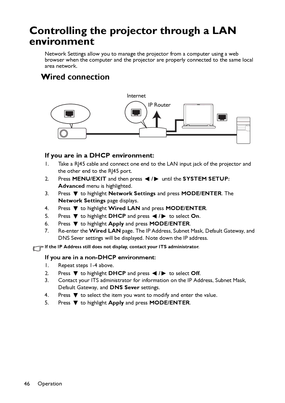 BenQ MX661 Controlling the projector through a LAN environment, Wired connection, If you are in a Dhcp environment 