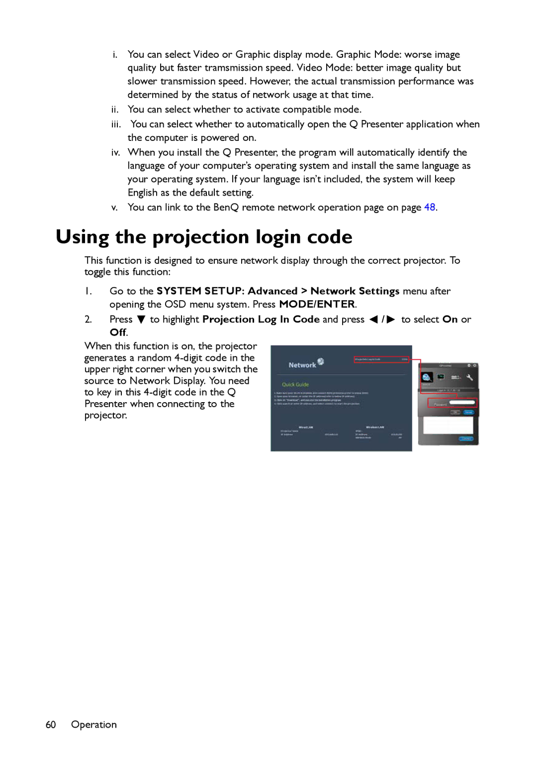 BenQ MX661 user manual Using the projection login code 