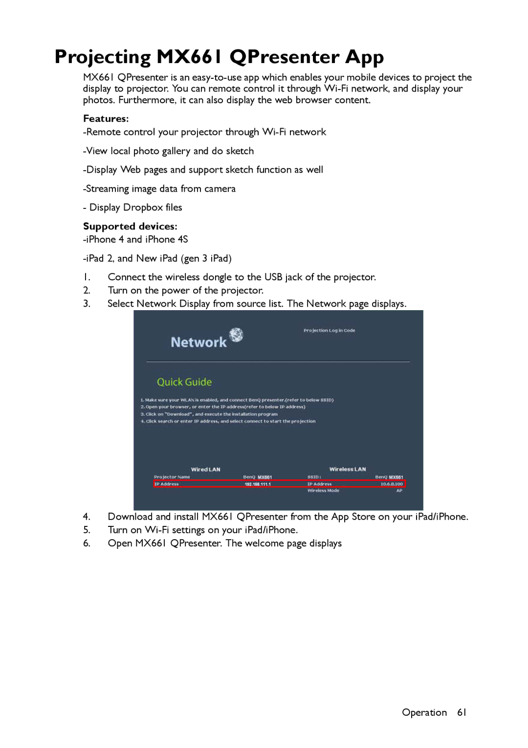 BenQ user manual Projecting MX661 QPresenter App, Features, Supported devices 