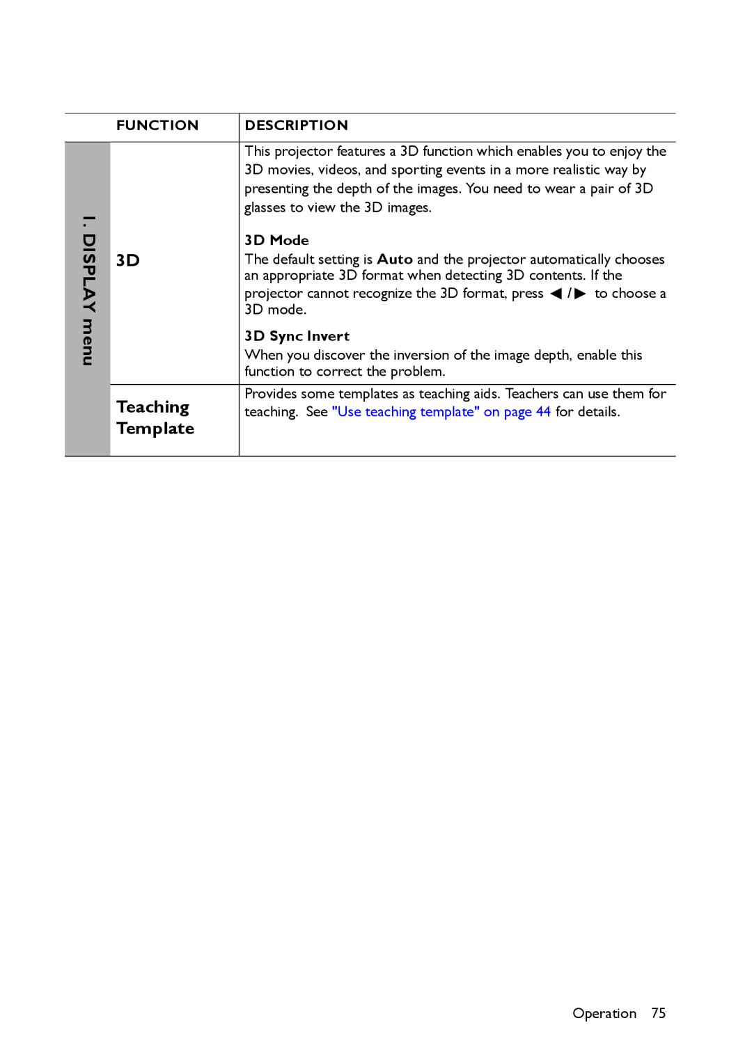 BenQ MX661 user manual Teaching, Template, 3D Mode, 3D Sync Invert 