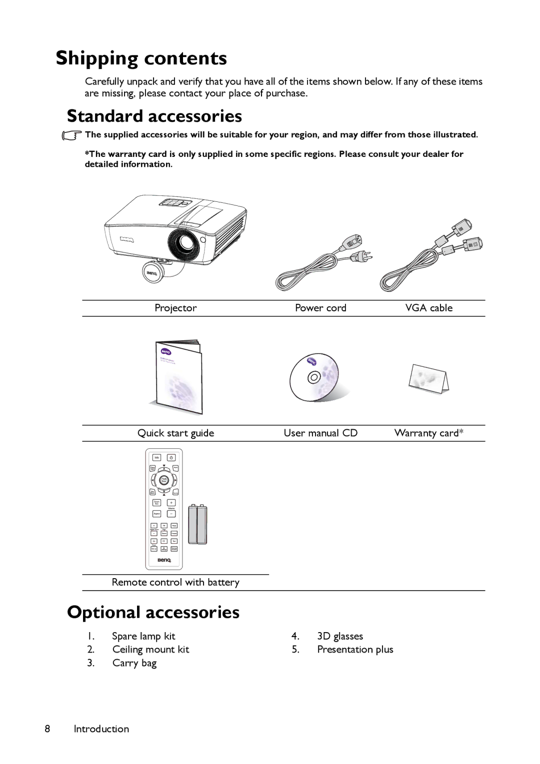 BenQ MX661 user manual Shipping contents 