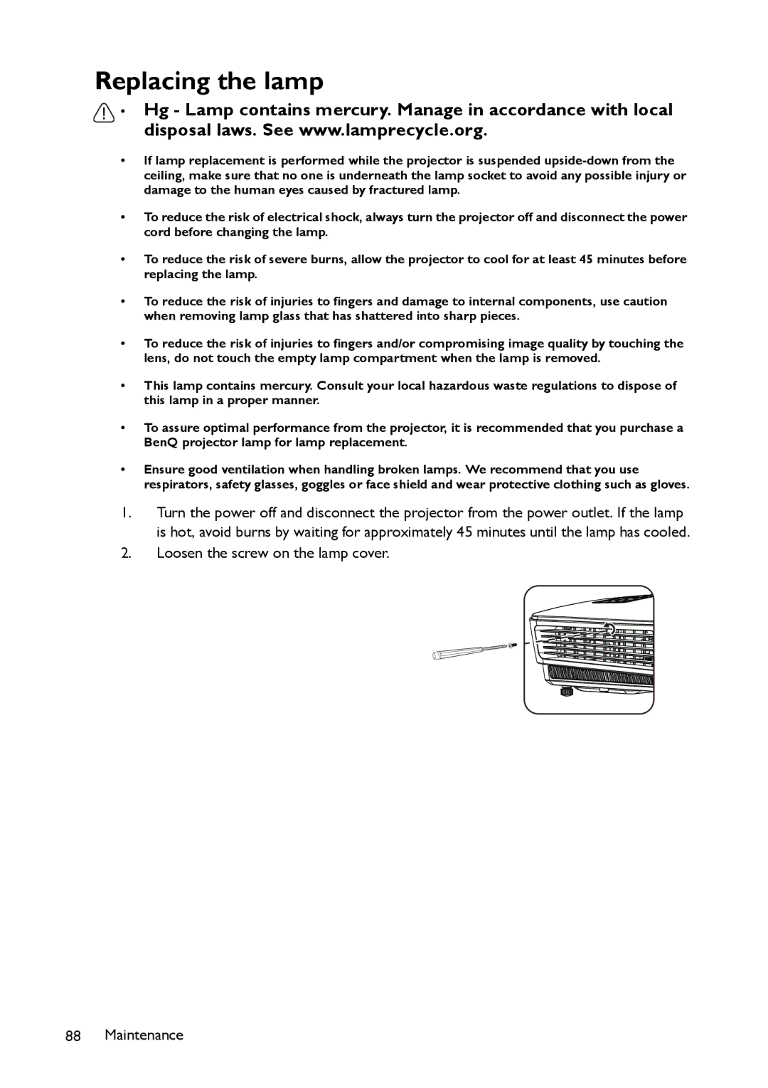 BenQ MX661 user manual Replacing the lamp 