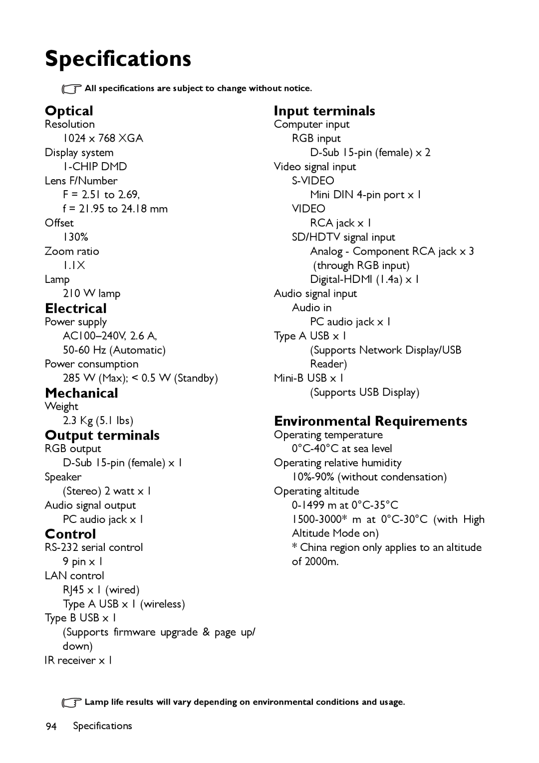 BenQ MX661 user manual Specifications 