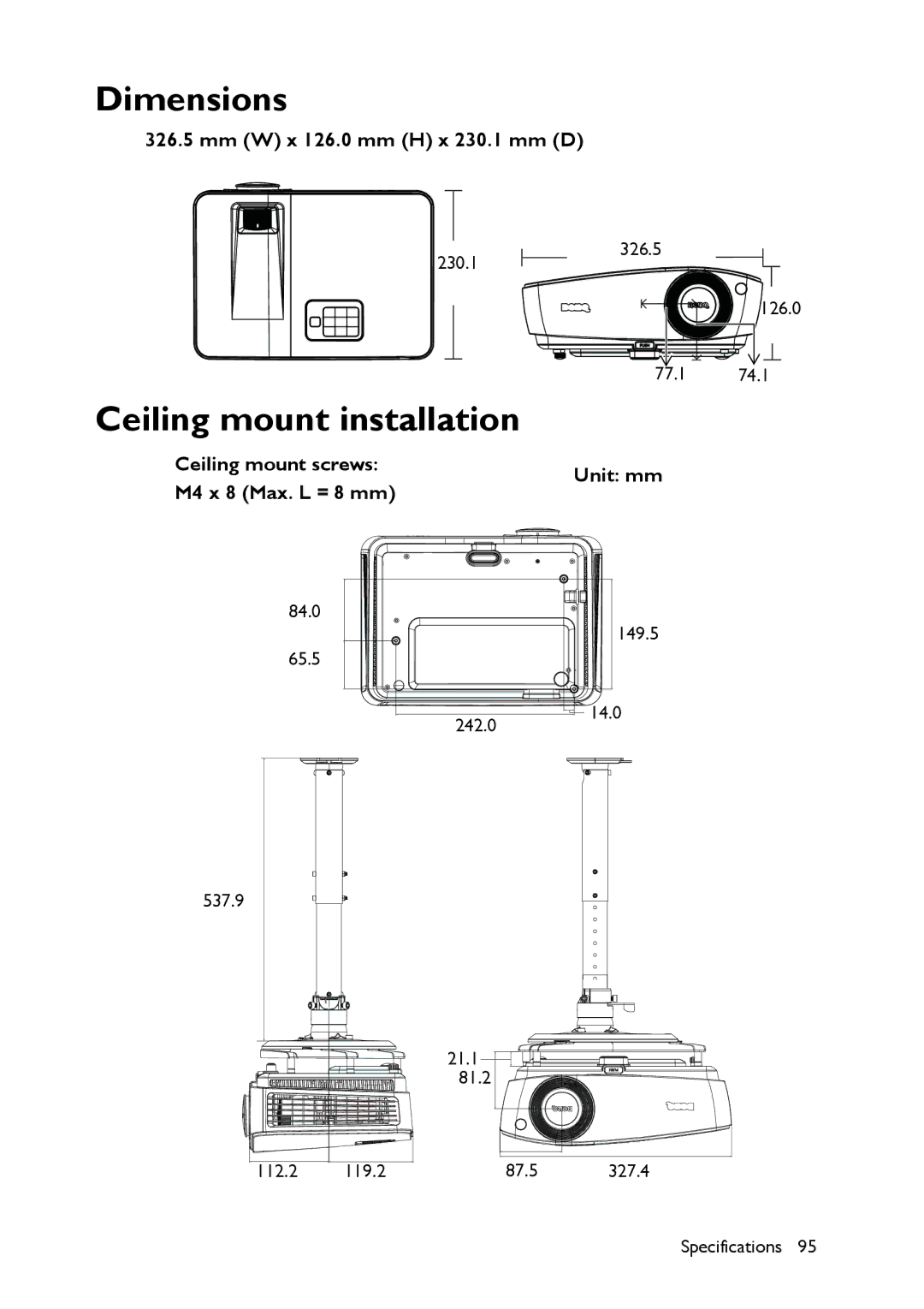 BenQ MX661 user manual Dimensions, Ceiling mount installation, Mm W x 126.0 mm H x 230.1 mm D 