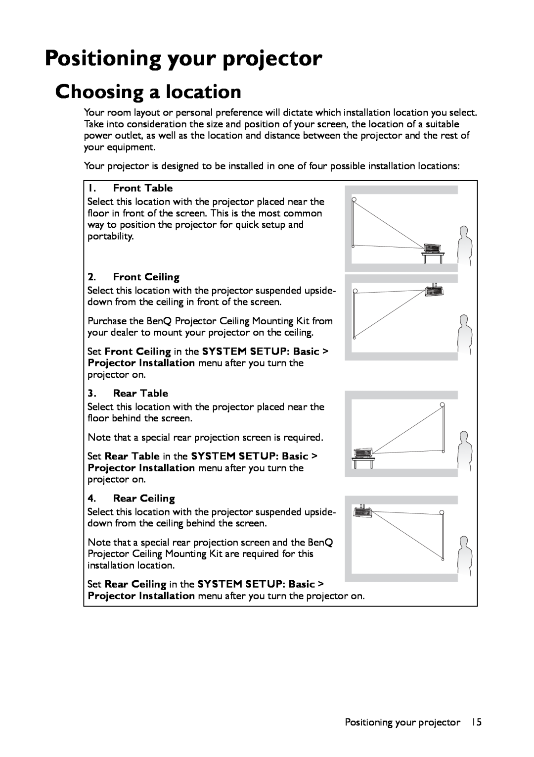 BenQ MX661 user manual Positioning your projector, Choosing a location 